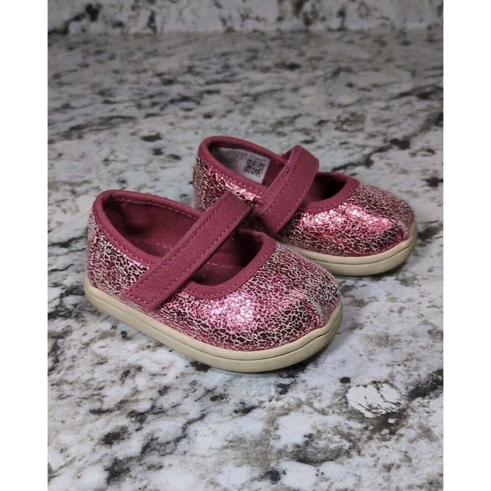 Toms Tiny Mary Jane Kids Girls Shoes Sz 4 Pink Crackle Foil Hook & Loop Slip On
